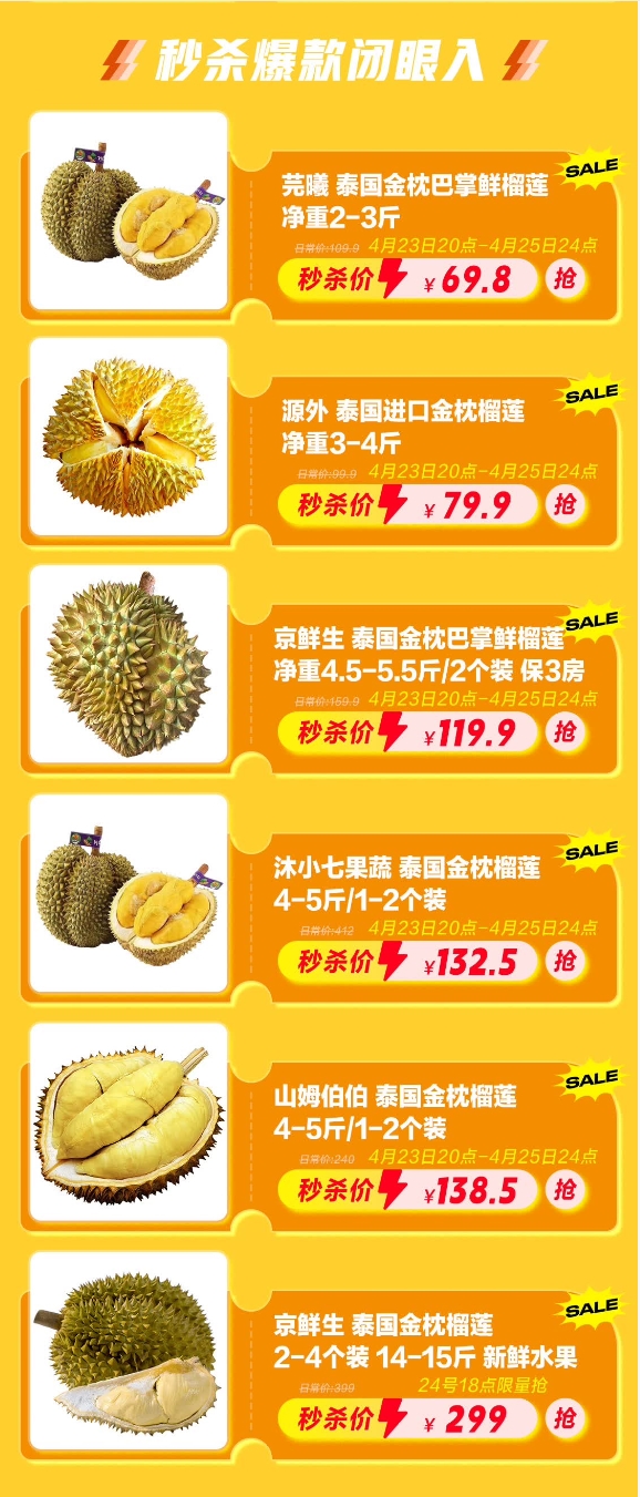 泰国鲜榴莲1元秒杀！京东秒杀泰国鲜榴莲超级秒杀日4月23日火热来袭